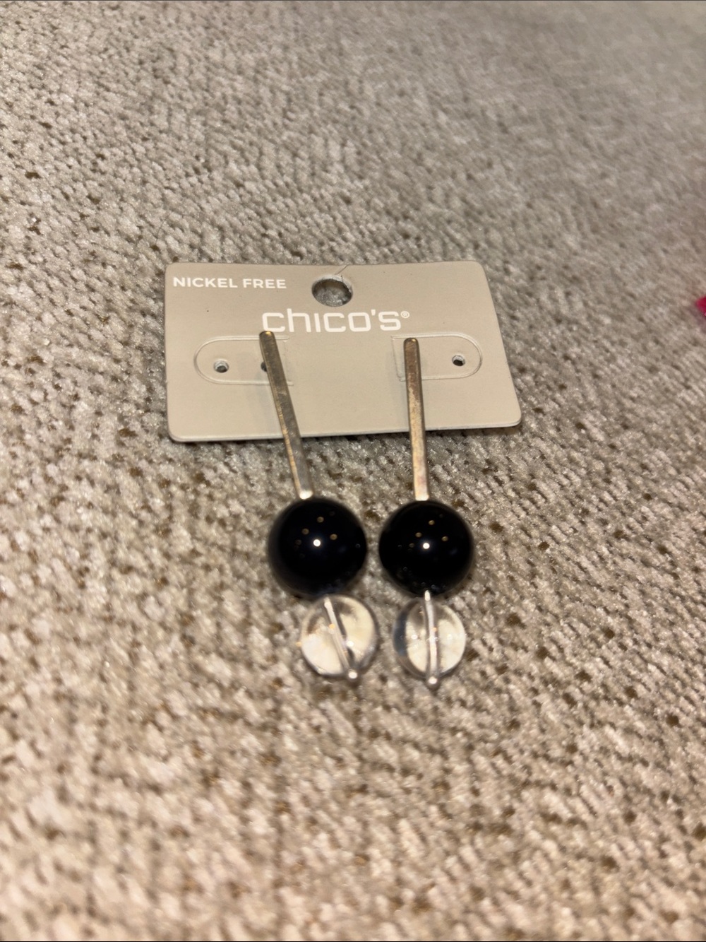 Chico's Black and Clear Bead Drop Earrings with Silver Bars